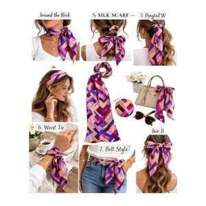 Elaine Gold 100% Silk Geometric Scarf Purple Pink Gold Long Neck Hair Bag Wrap